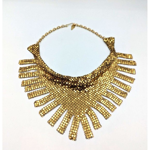 Whiting & Davis Gold Tone Chainmail Metal Fringed Vintage Bib Necklace 1970s - Picture 3 of 14